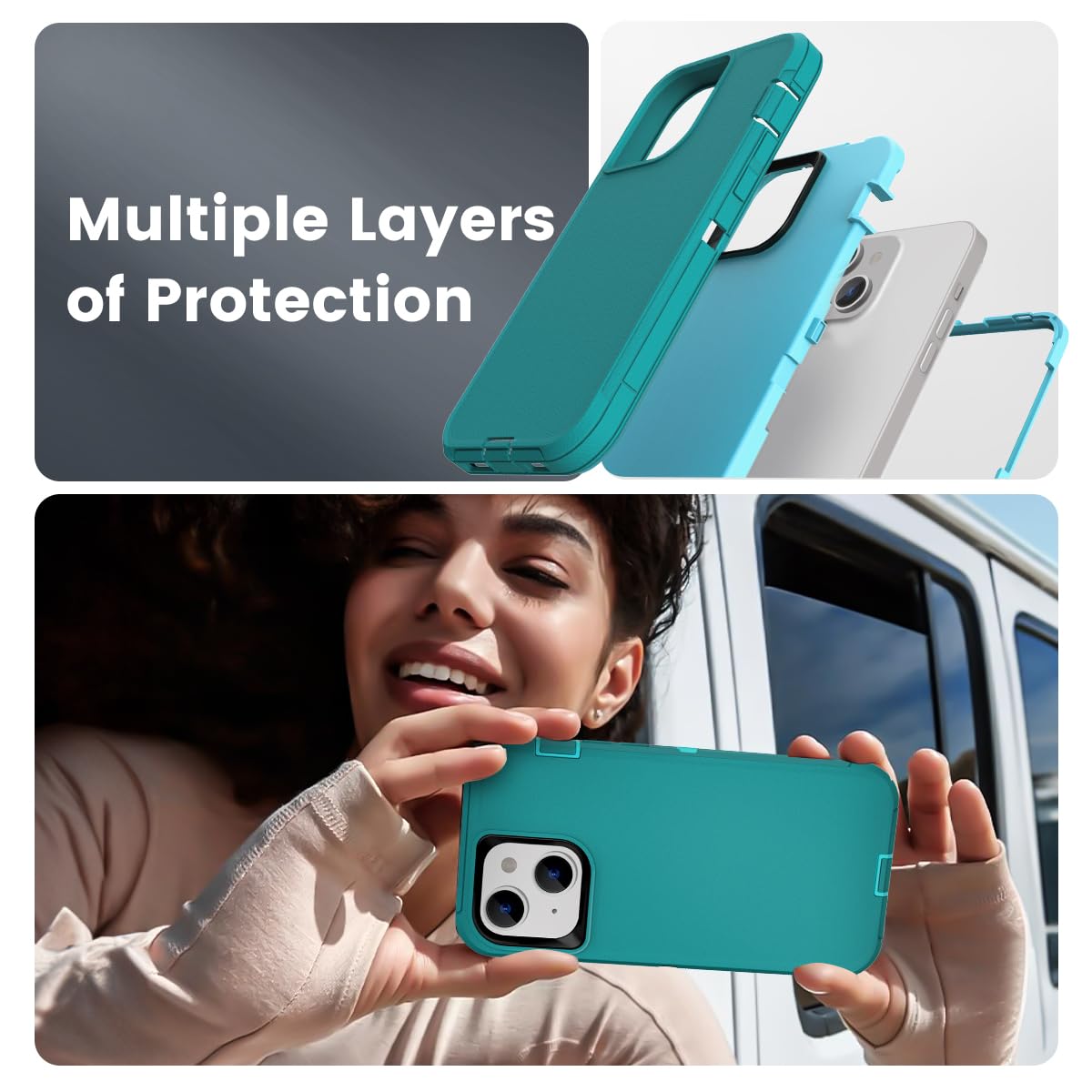 Colorful Defender Series iPhone 13 / 14 / 15 Case - Turquoise/Lt Blue