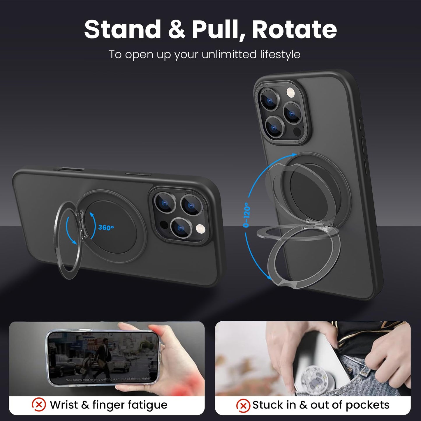 360° Ring Stand Magnetic for iPhone 16 Pro Max Case (Translucent Black)