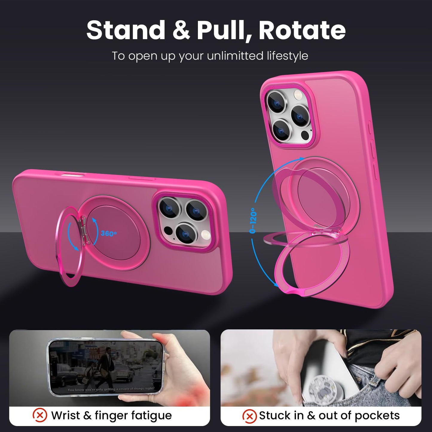 360° Ring Stand Magnetic for iPhone 16 Pro Max Case (Translucent Rose)