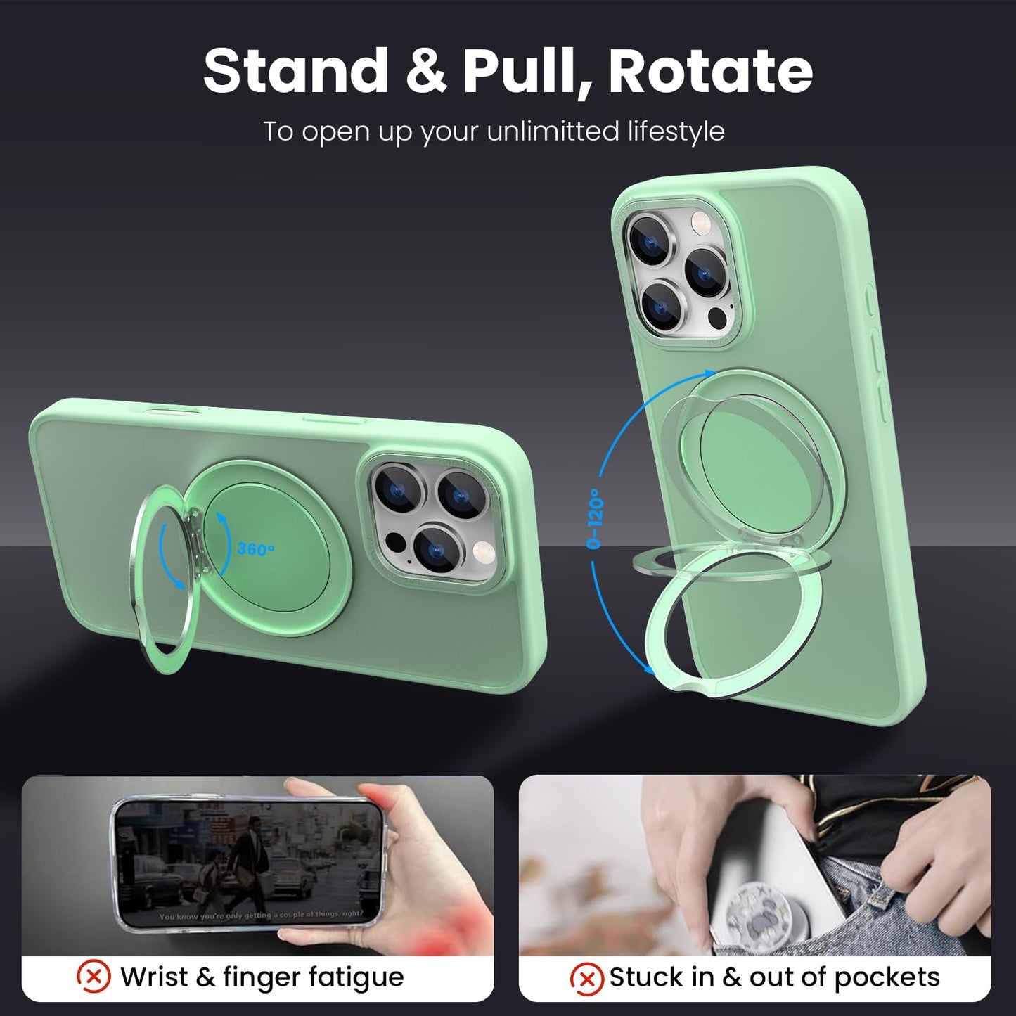 360° Ring Stand Magnetic for iPhone 16 Pro Max Case (Translucent Green)