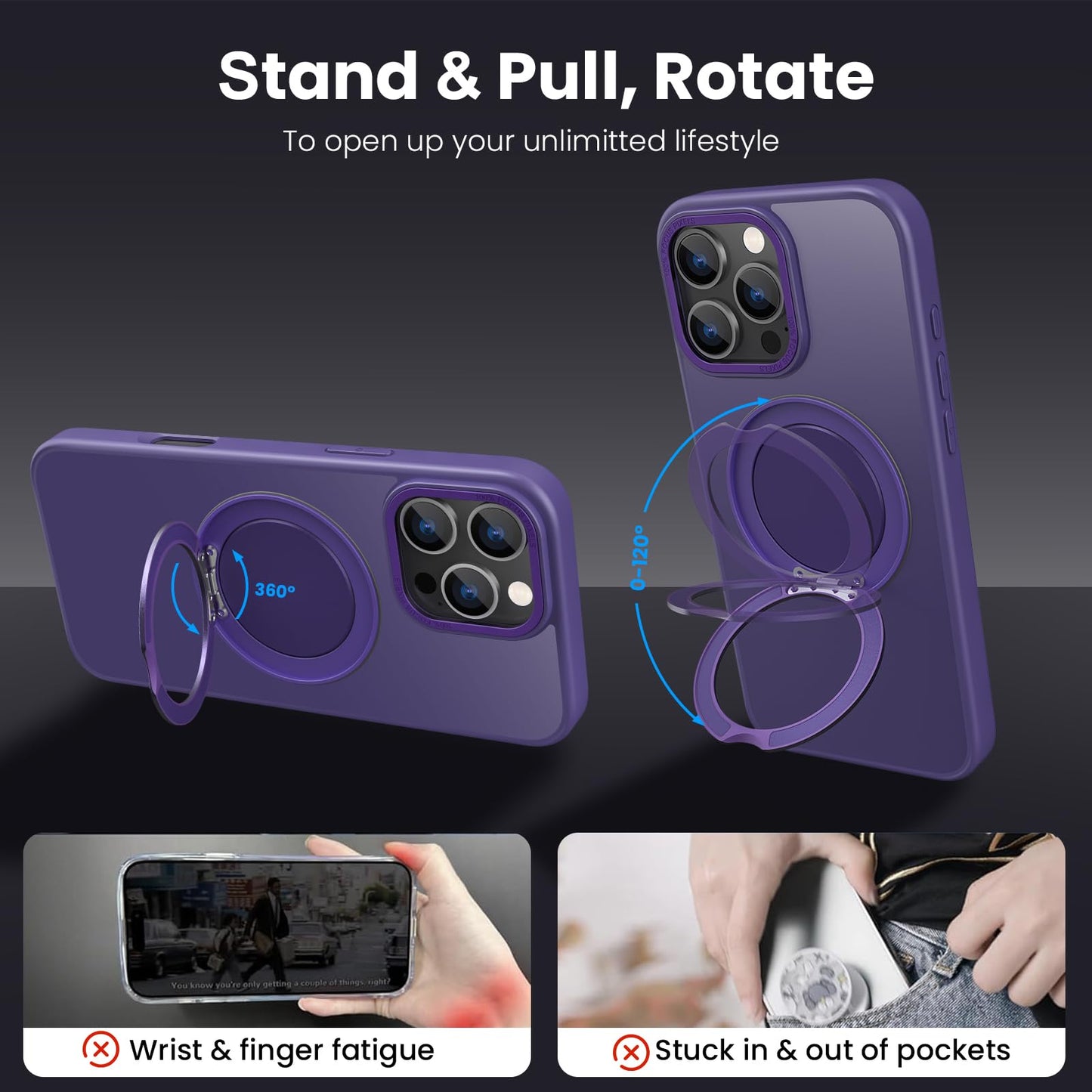 360° Ring Stand Magnetic for iPhone 16 Pro Max Case (Translucent Purple)