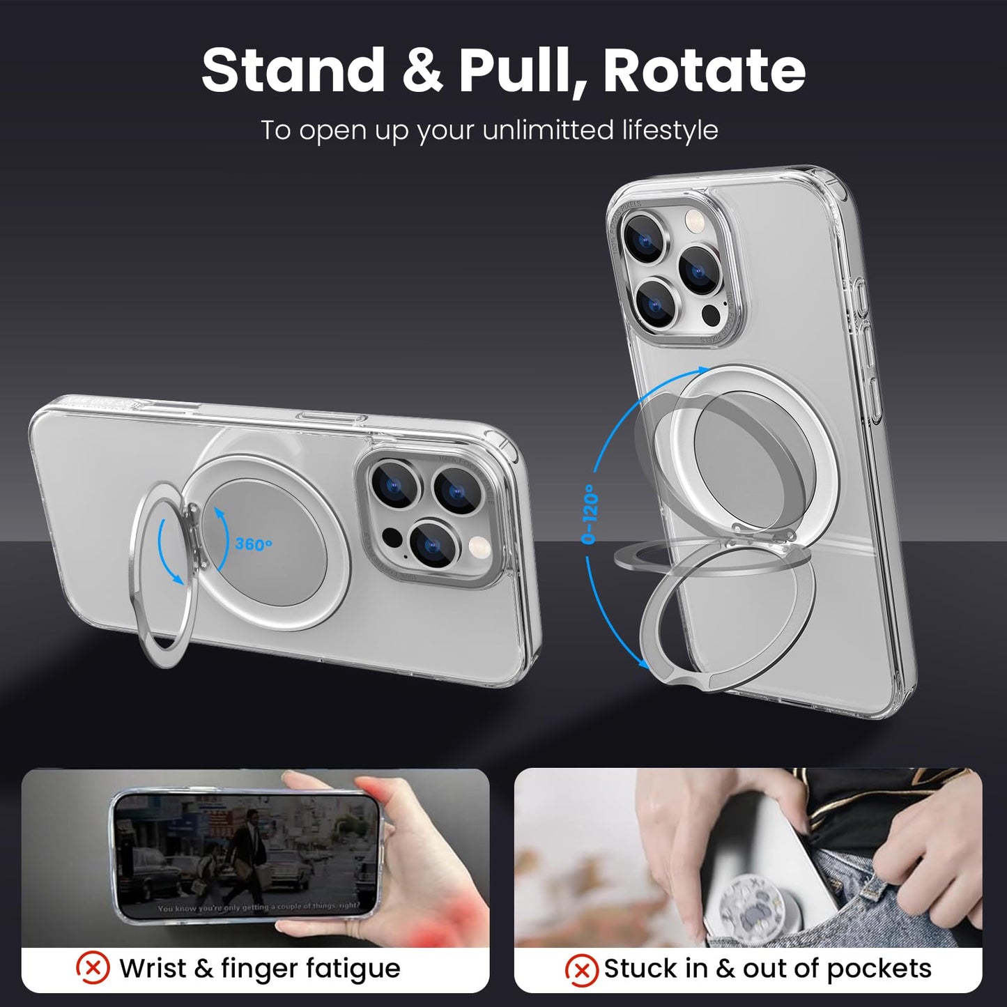 360° Ring Stand Magnetic for iPhone 16 Pro Max Case (Clear)